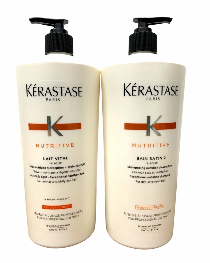 Buy 💯 Kérastase Kerastase 34oz Bain Satin 2 Shampoo & 34oz Lait Vital Conditioner Set With 2 Pumps 👩 Women Shampoo & Conditioners 😀